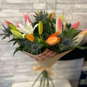 Eco Hand Tied Bouquet with mixed Lillies & Thistle