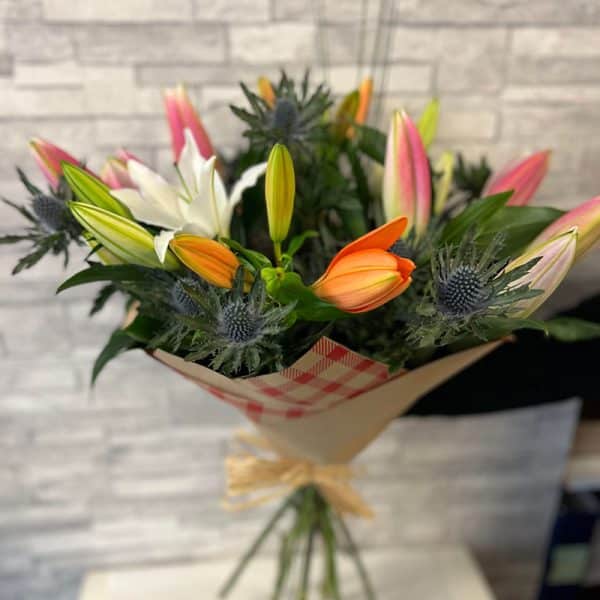 Eco Hand Tied Bouquet with mixed Lillies & Thistle